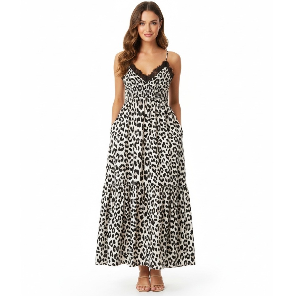 Animal Print Maxi Dress Lace Trim Sleeveless Casual slipdress Bohemian